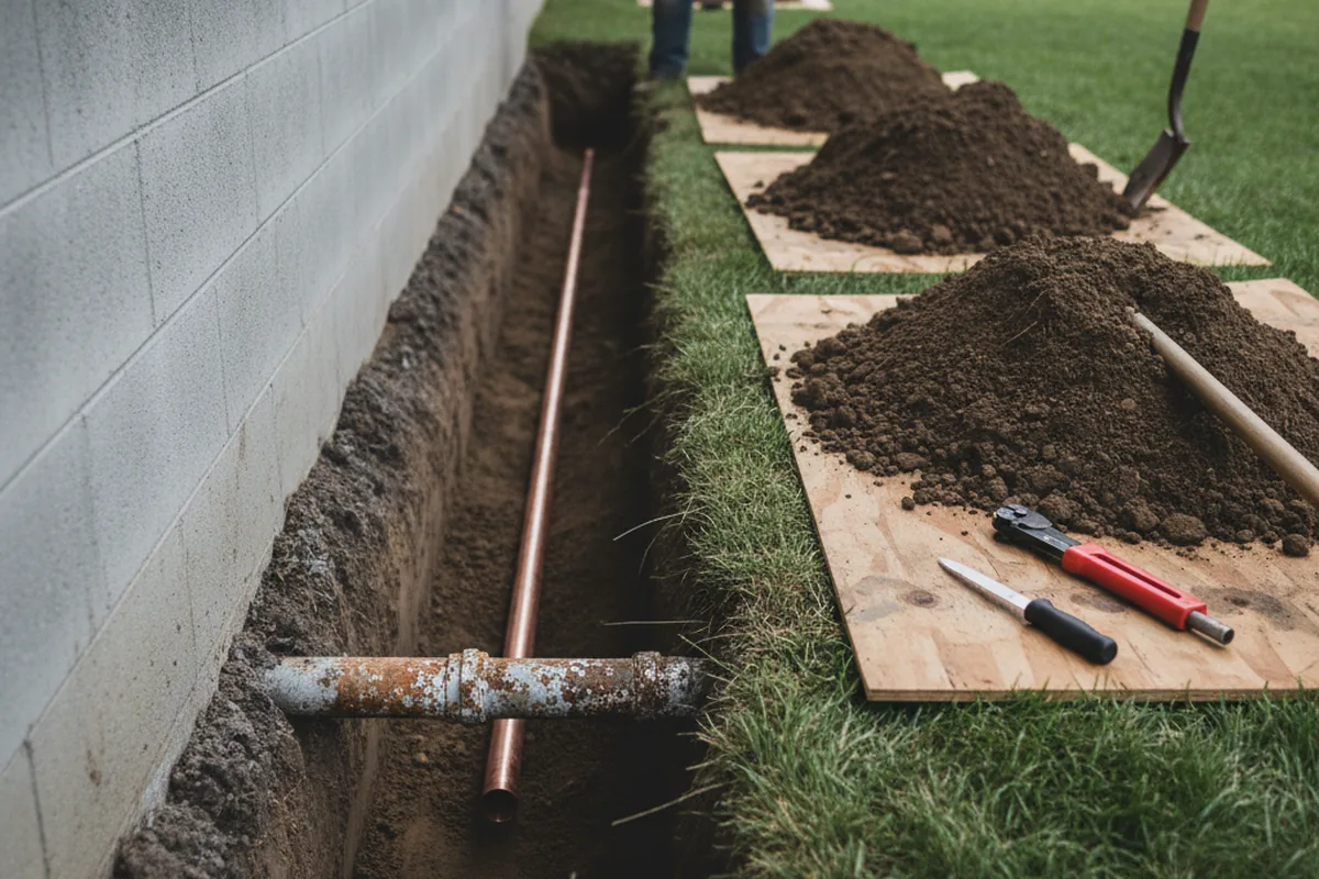 Excavated water line trench during Water Softener Installation in Red Lodge